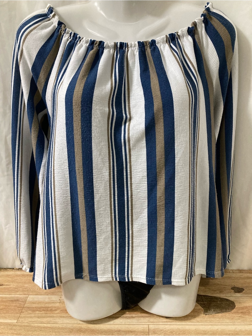 Up All Night Striped Off Shoulder Peasant Blouse Blue White Taupe Medium